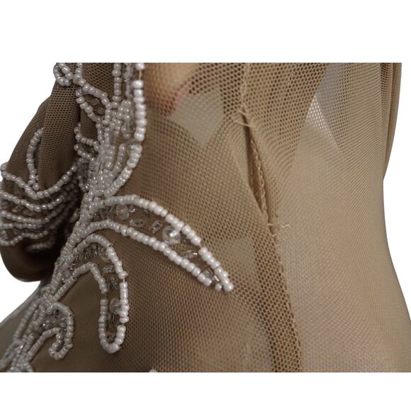 Nude Women's S Size S Bead Embellished Mesh Bodysuit Tan Elevated Basic Layering - Picture 9 of 10